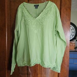 Monalisa Women’s Light Green Embroidered Cotton Top LS | Relaxed Summer Blouse